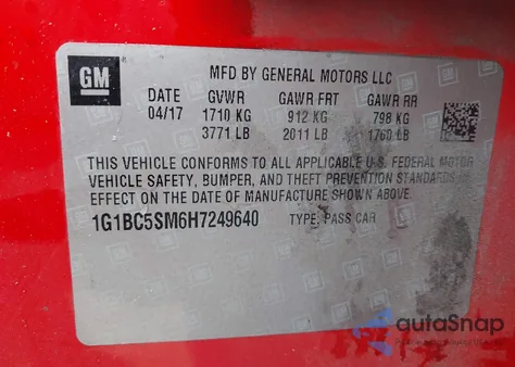 2017 Chevrolet Cruze Ls Auto из США, поврежденный, VIN 1G1BC5SM6H7249640